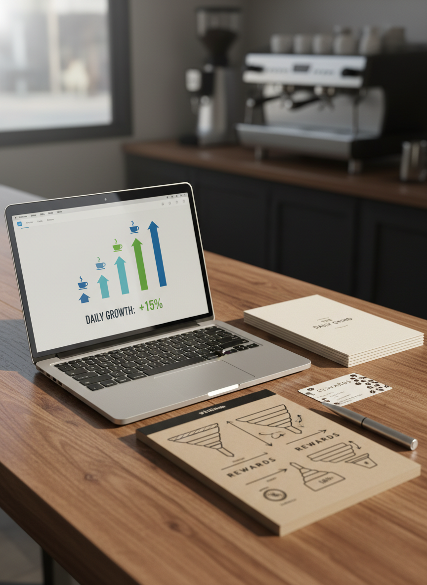 A meticulously arranged flat lay of a sleek silver laptop displaying a clean analytics dashboard with rising coffee cup icons as growth metrics, surrounded by neatly stacked branded café menus, a kraft-paper notebook with sketched marketing funnels, and a glossy loyalty card design featuring stylized coffee beans. Everything rests on a warm walnut tabletop with visible natural grain. Soft morning window light from the left creates gentle highlights on the metal laptop surface and subtle shadows under the paper edges. The background fades into a softly blurred hint of a café counter and espresso machine. Photographic realism, eye-level slightly elevated angle, shallow depth of field, professional and organized atmosphere that communicates strategic café marketing.