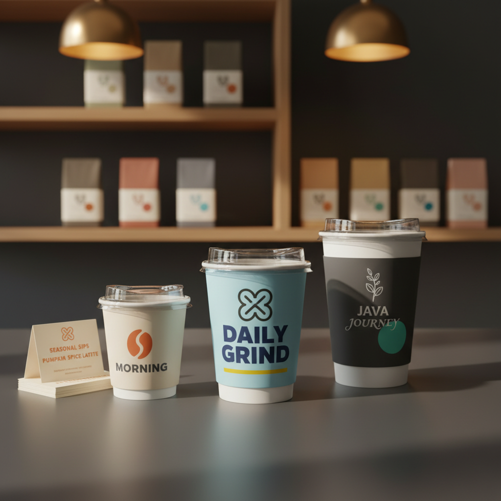 A polished café counter mockup featuring three distinct takeaway coffee cups in varying sizes, each wrapped in different branded sleeve concepts with modern typography, minimalist coffee bean logos, and bold accent colors. The cups stand on a matte charcoal surface beside a carefully placed stack of stampable loyalty cards and a small table tent promoting a seasonal offer. Overhead warm pendant lighting creates a focused pool of light, producing clean reflections on the cup lids and crisp shadows. The background shows blurred shelves lined with neatly arranged coffee bags bearing cohesive brand labels. Photographic realism, centered composition with rule-of-thirds emphasis on the primary cup, professional and aspirational mood for café brand development.