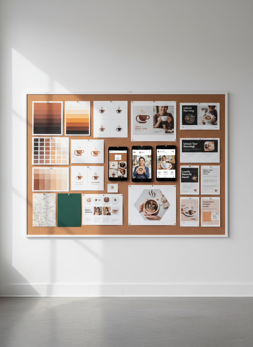 A large wall-mounted corkboard in a clean studio space, covered with neatly pinned café marketing materials: mood boards featuring coffee-inspired color palettes, logo iterations with stylized beans and cups, social media post mockups on smartphones, and printed email campaign layouts with clear headlines. Each piece has precise alignment and visible textures, from matte card stock to glossy photo prints. Soft diffused daylight enters from tall unseen windows, creating even lighting and barely-there shadows that highlight paper edges and pushpins. Shot straight-on at eye level with sharp focus across the board, photographic realism, conveying a professional, strategic planning atmosphere perfect for showcasing café growth consulting.